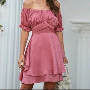 Sheins Frill Trim Layered Hem Satin Bardot Dress